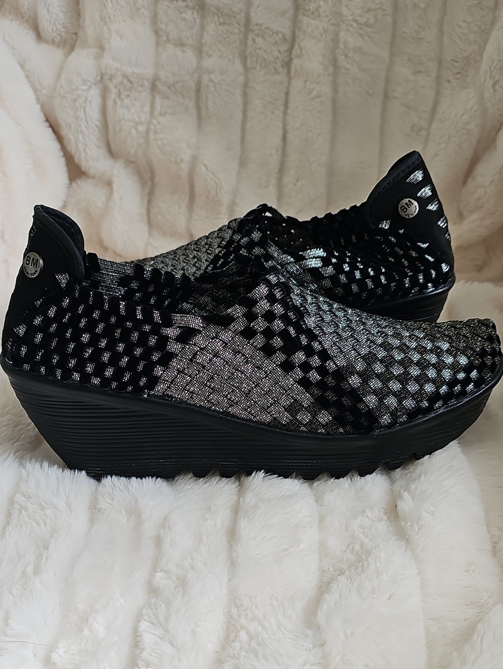 bernie mev. Black and Silver Woven Slip-On Wedge